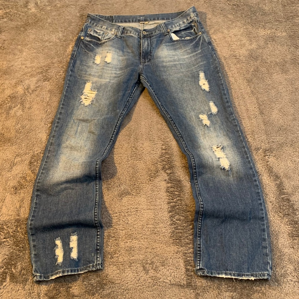 Flypaper Mens Distressed Straight Leg Jeans Blue Wash Ripped Denim 36x32